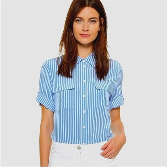 Equipment Femme 100% Silk Blue & White Striped Button Down Blouse Top Preppy - Picture 7 of 7